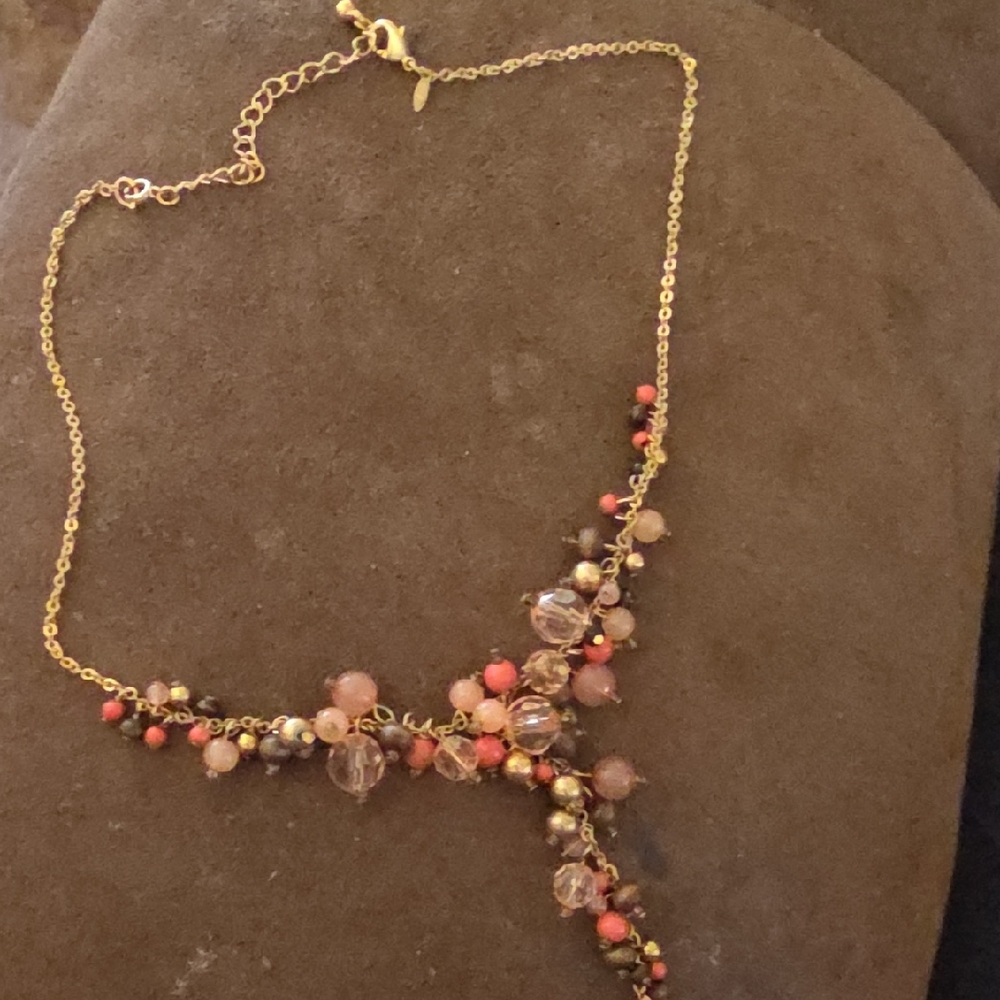 Avon Gold Necklace with Coral and Clear Accents